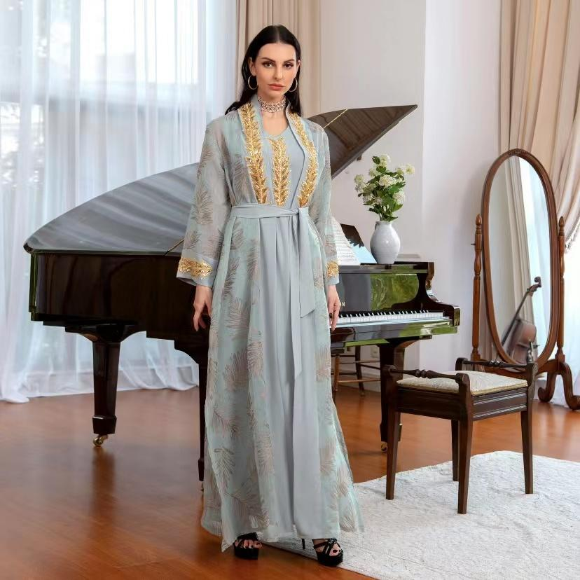 Sequined Embroidery Dubai Abaya Muslim Sets Belted Kaftan Party Robe Femme Musulmane Caftan Marocain Women's Jalabiya Ramadan