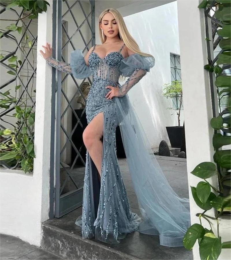 Sansa Luxury Gray فساتين السهرة Off the Shoulder Beaded Vestidos De Noche Elegant Puffy Sleeves Sexy Side Split Prom Dresses