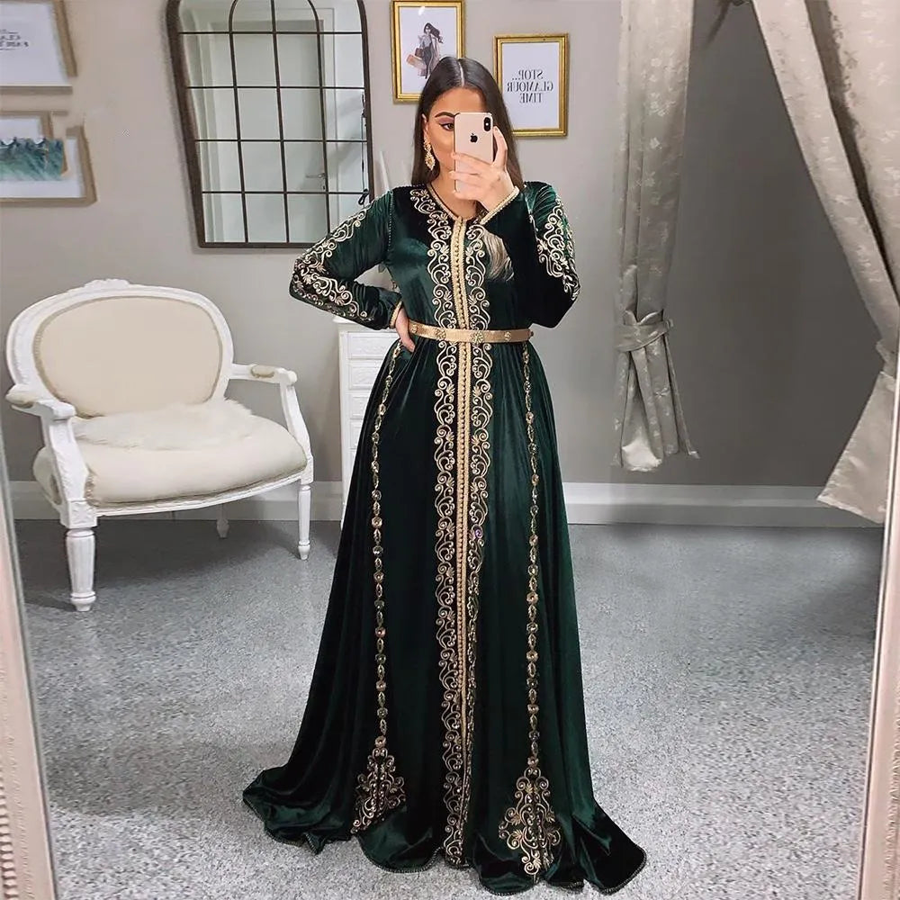 Delicate Long Sleeves Moroccan Kaftan Formal Evening Dresses New Arrival V-Neck Arabic Muslim Special Occasion Dresses Prom