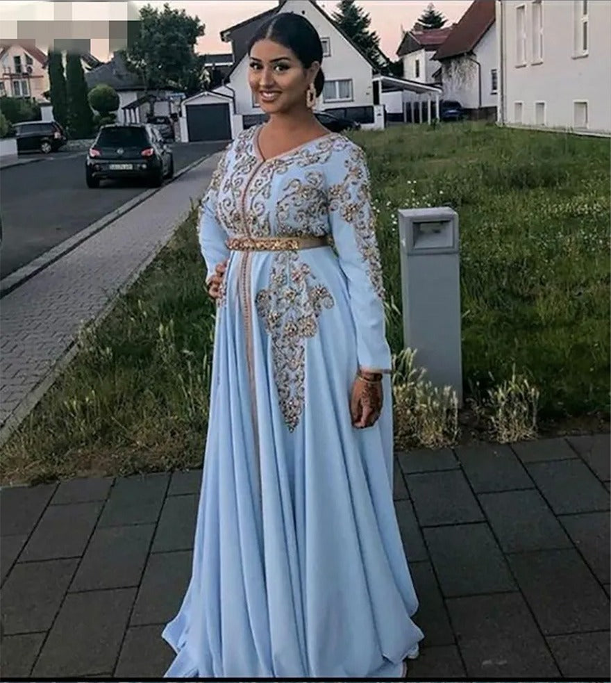 Blue Moroccan caftan Evening Dresses V Neck Crystal Algeria Arabic Muslim Special Occasion Dresses Party Gowns