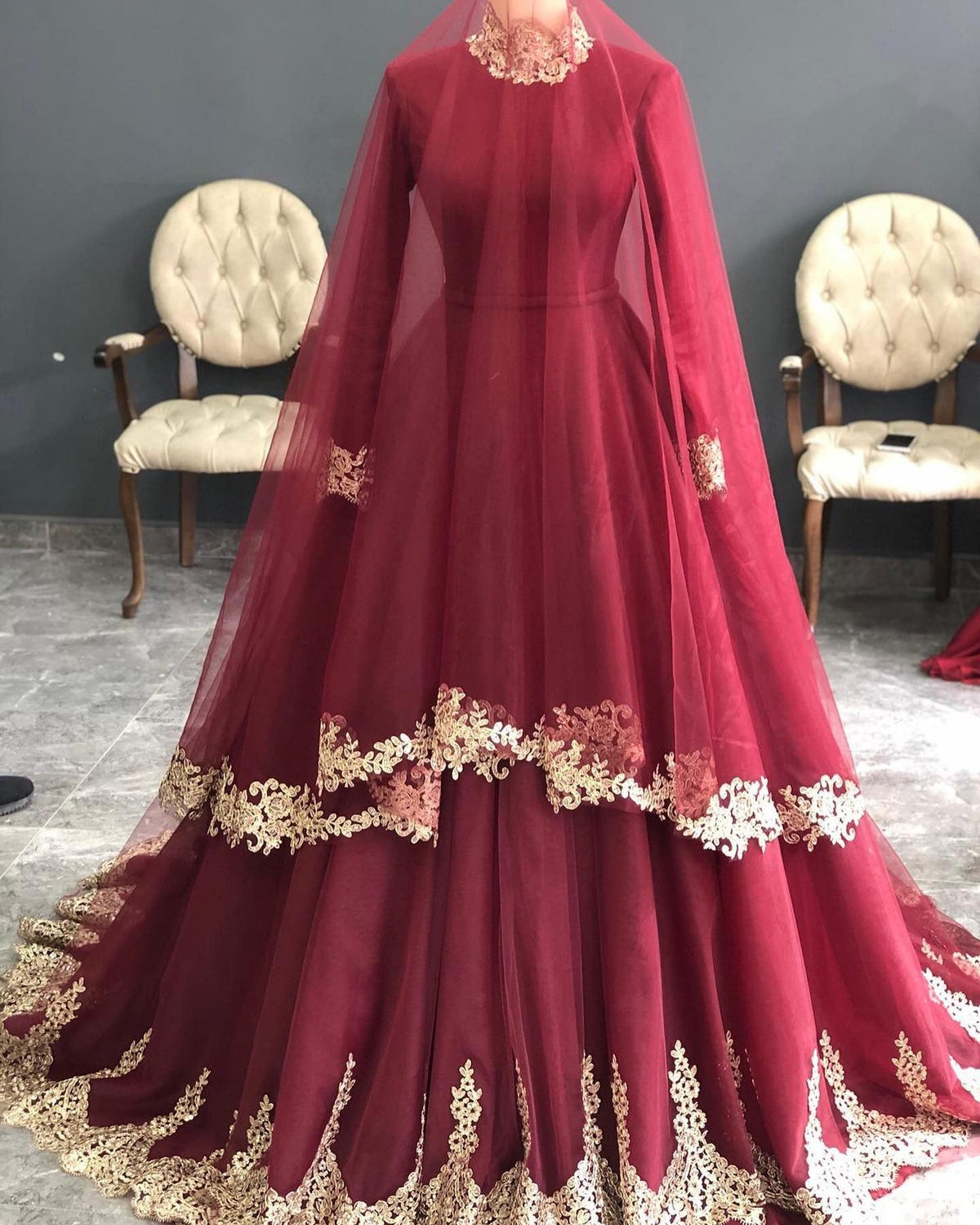 Long Sleeves Burgundy A Line Muslim Wedding Dresses 2024 High Neck with Train Arabic Bridal Gowns Vestidos de novia