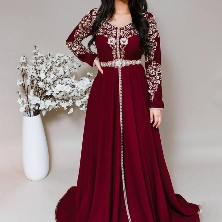 Morocco Caftan Evening Dresses V Neck 3D Flowers Outfit Dubai Prom Dress Velvet Long Sleeve Formal Evening Party Dress