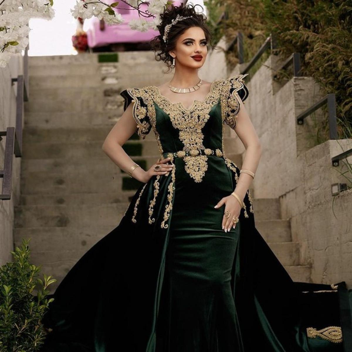 Hunter Green Moroccan Caftan Velvet Evening Dress Appliqued Lace Outfit Prom Gowns Dubai Arabic Women Party Dresses