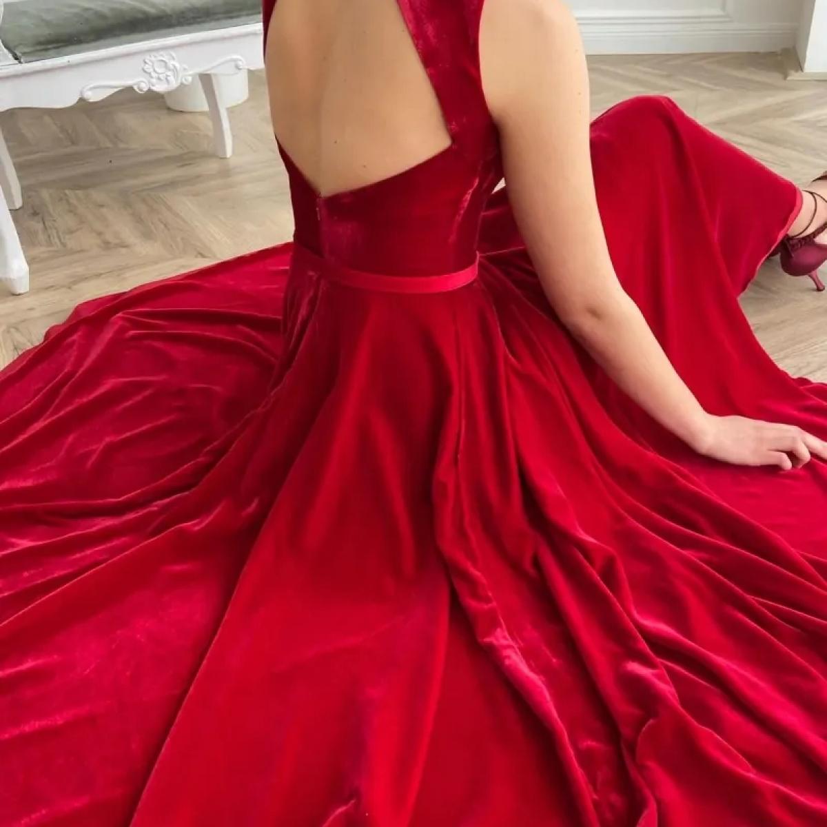 Red Caftan Evening Gowns A Line Tea Length Party Prom Dress Sleeveless Velvet Formal Lady Wear