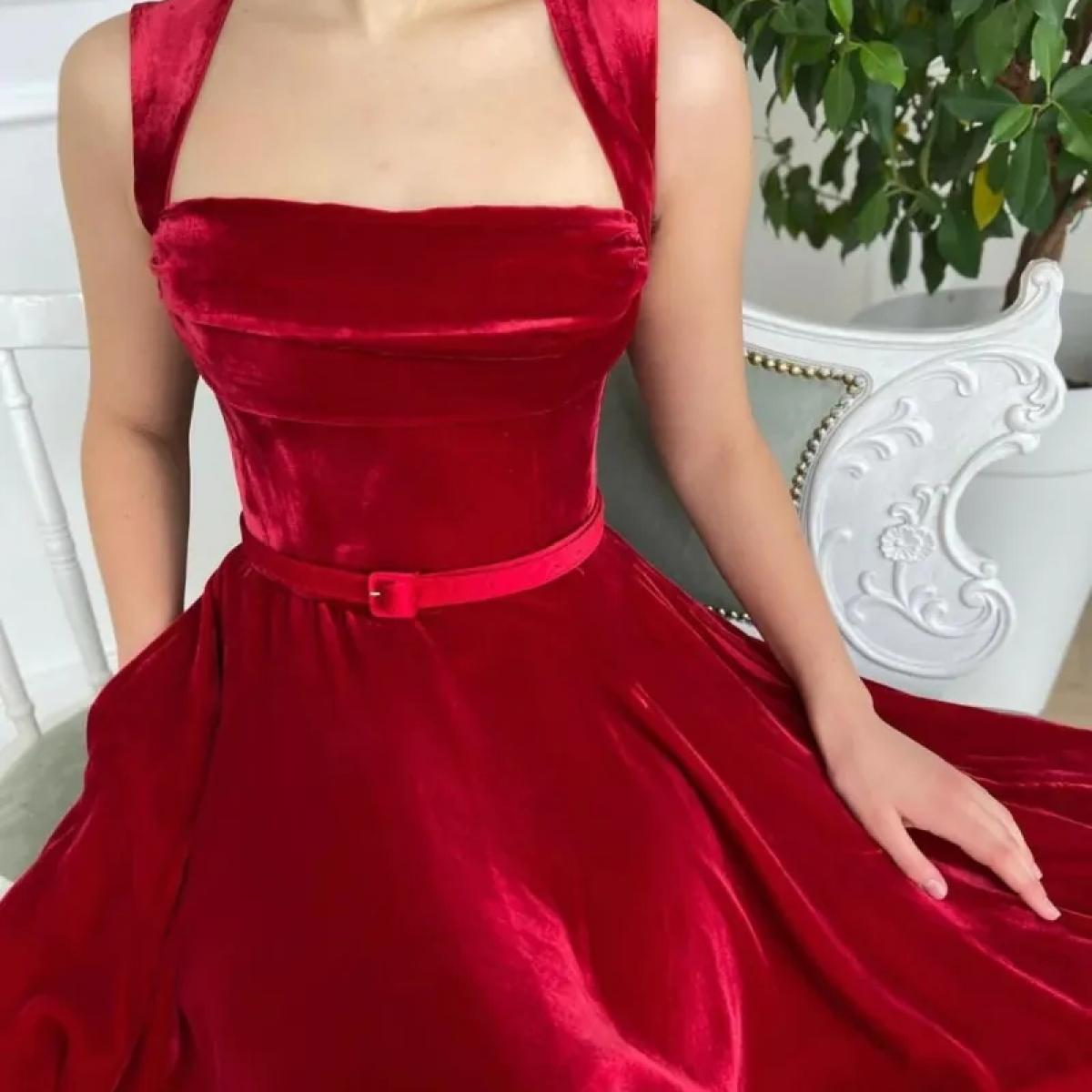 Red Caftan Evening Gowns A Line Tea Length Party Prom Dress Sleeveless Velvet Formal Lady Wear