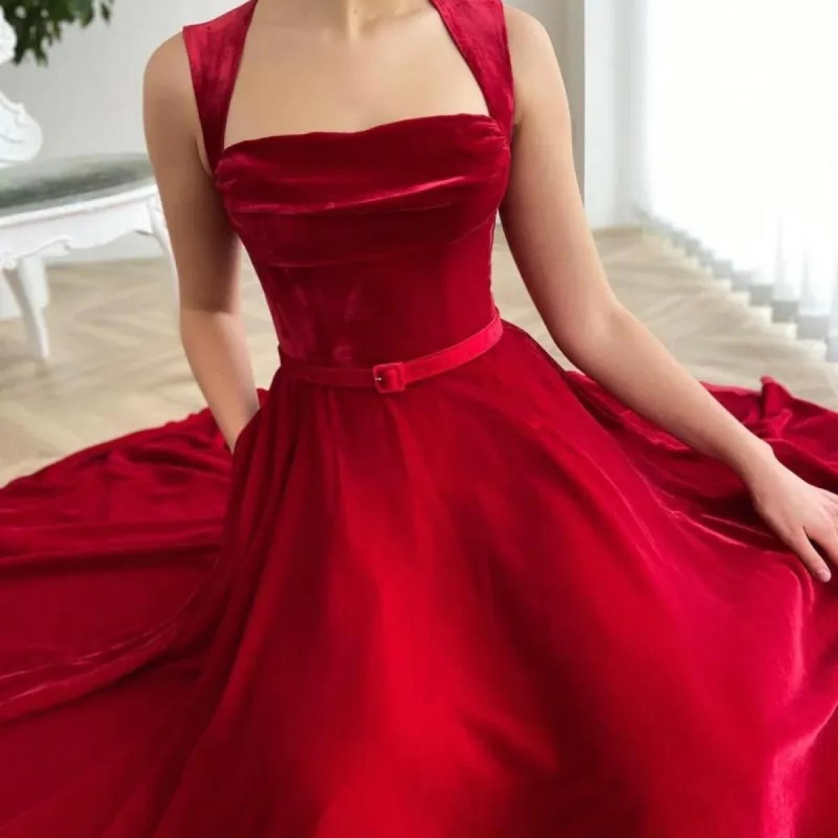 Red Caftan Evening Gowns A Line Tea Length Party Prom Dress Sleeveless Velvet Formal Lady Wear