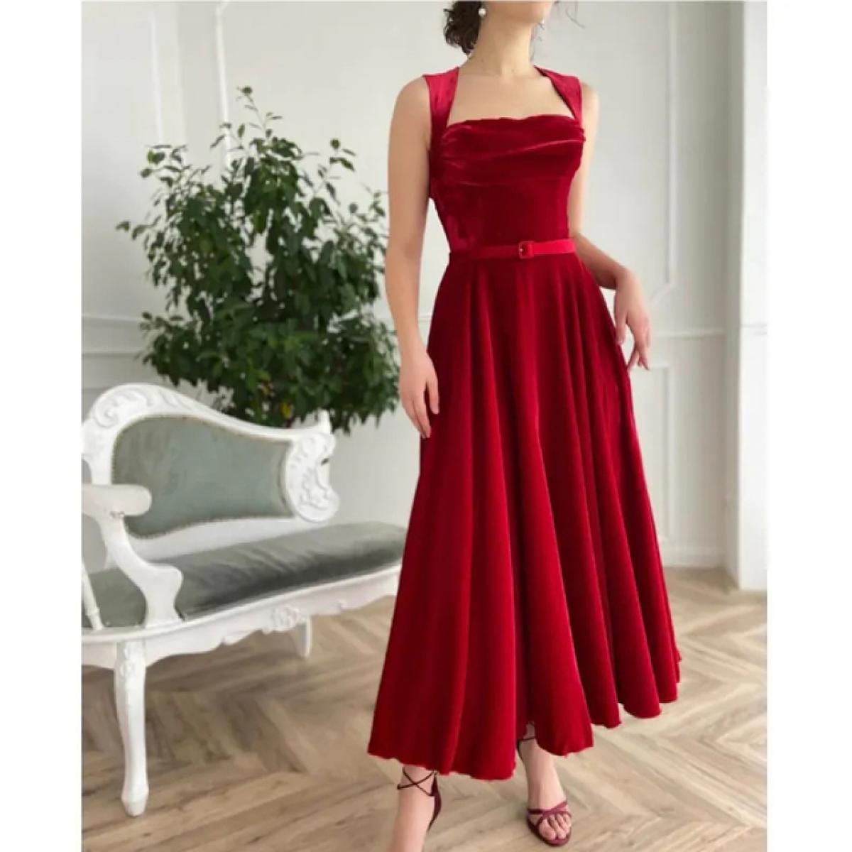 Red Caftan Evening Gowns A Line Tea Length Party Prom Dress Sleeveless Velvet Formal Lady Wear