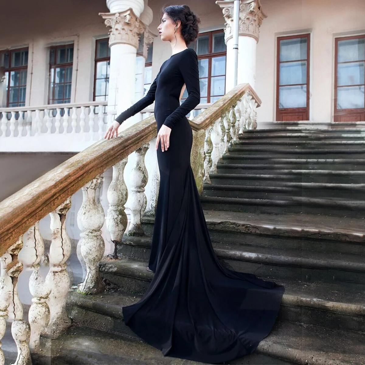 Sexy Black Mermaid Evening Dresses Long Sleeve Open Back Formal Party Gowns Spandex Caftan Arabic Prom Gowns Plus Size