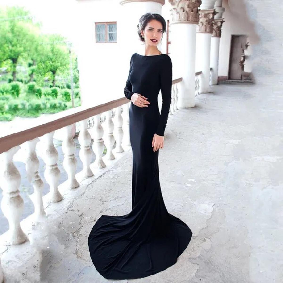 Sexy Black Mermaid Evening Dresses Long Sleeve Open Back Formal Party Gowns Spandex Caftan Arabic Prom Gowns Plus Size