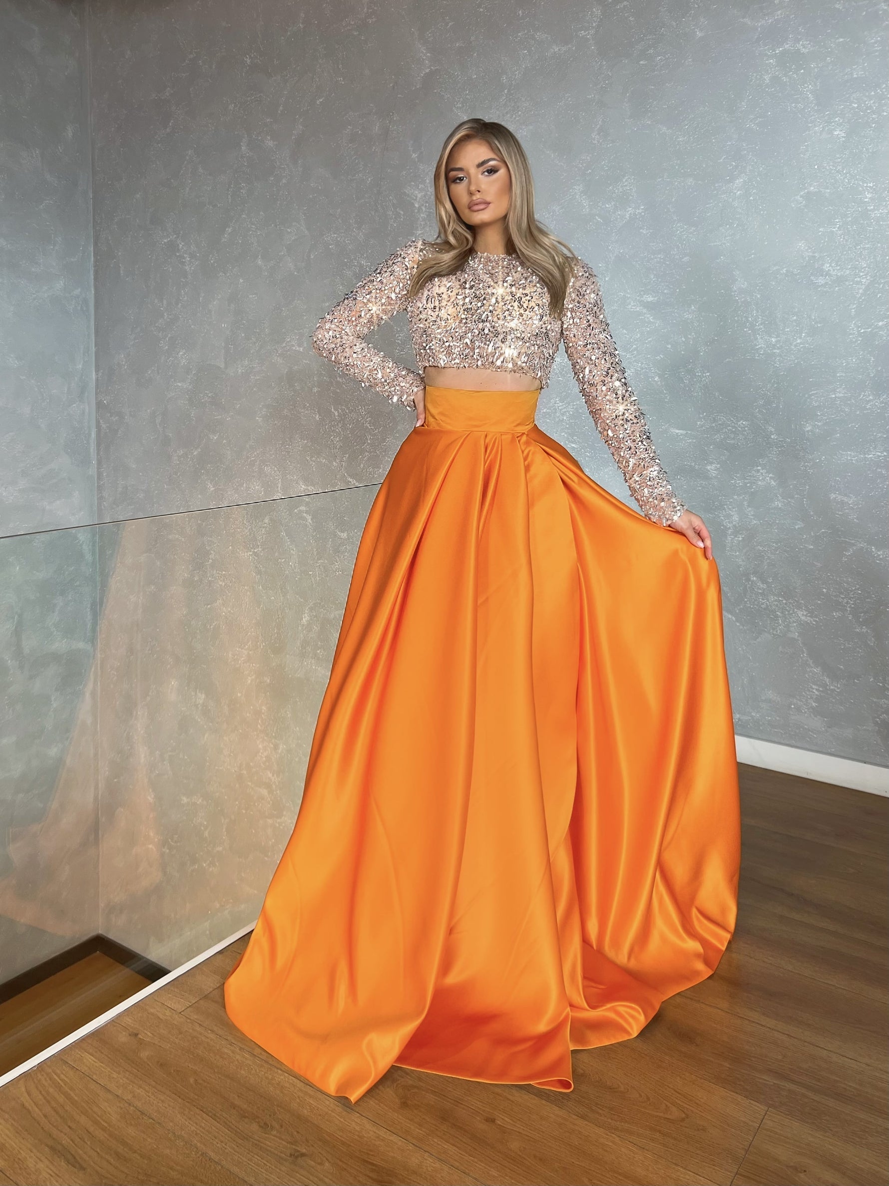 Orange Two Pieces Prom Dresses Long Sleeves Glitter Top Evening Gown A-Line Robe De Soiree Formal Party Dress For Women