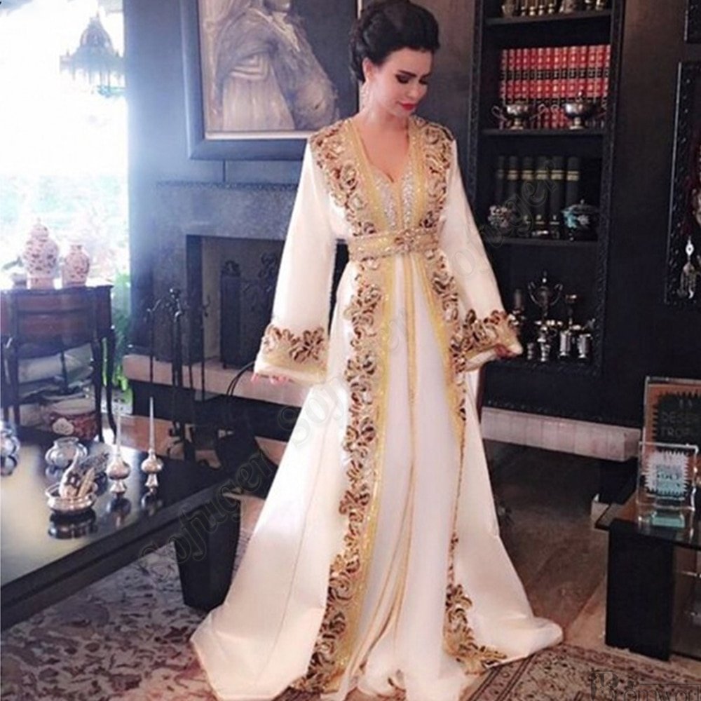 White Muslim Evening Dresses Long Luxury Dubai Kaftan Dress Long Sleeves Formal Dress Evening Party Gown Prom