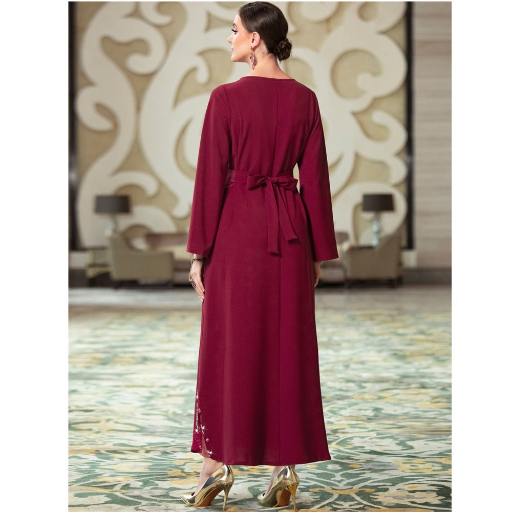 Pure Handwork Rhinestone Red Long Dress For Muslim Women Chic Hollow Out Full Sleeve Belted Dubai Moroccan Robe