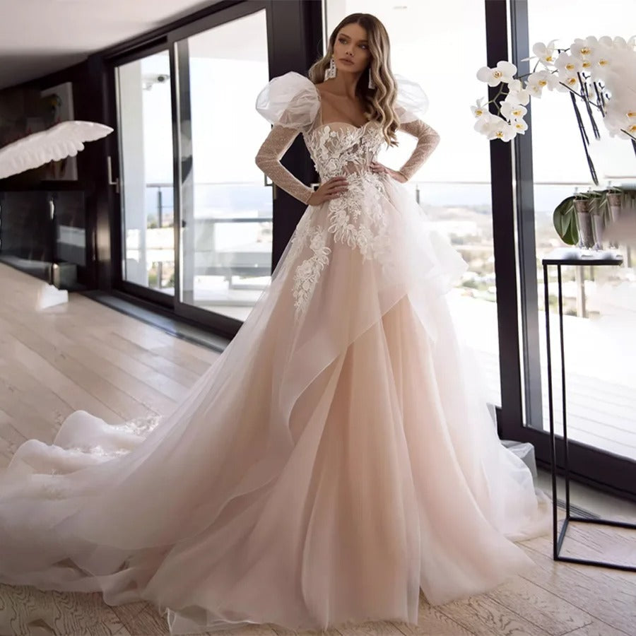 Chic Champagne Princess Lace and Tulle Modern Wedding Dresses Sweetheart Long Puffy Sleeves Glitter Bride Gowns Plus Size