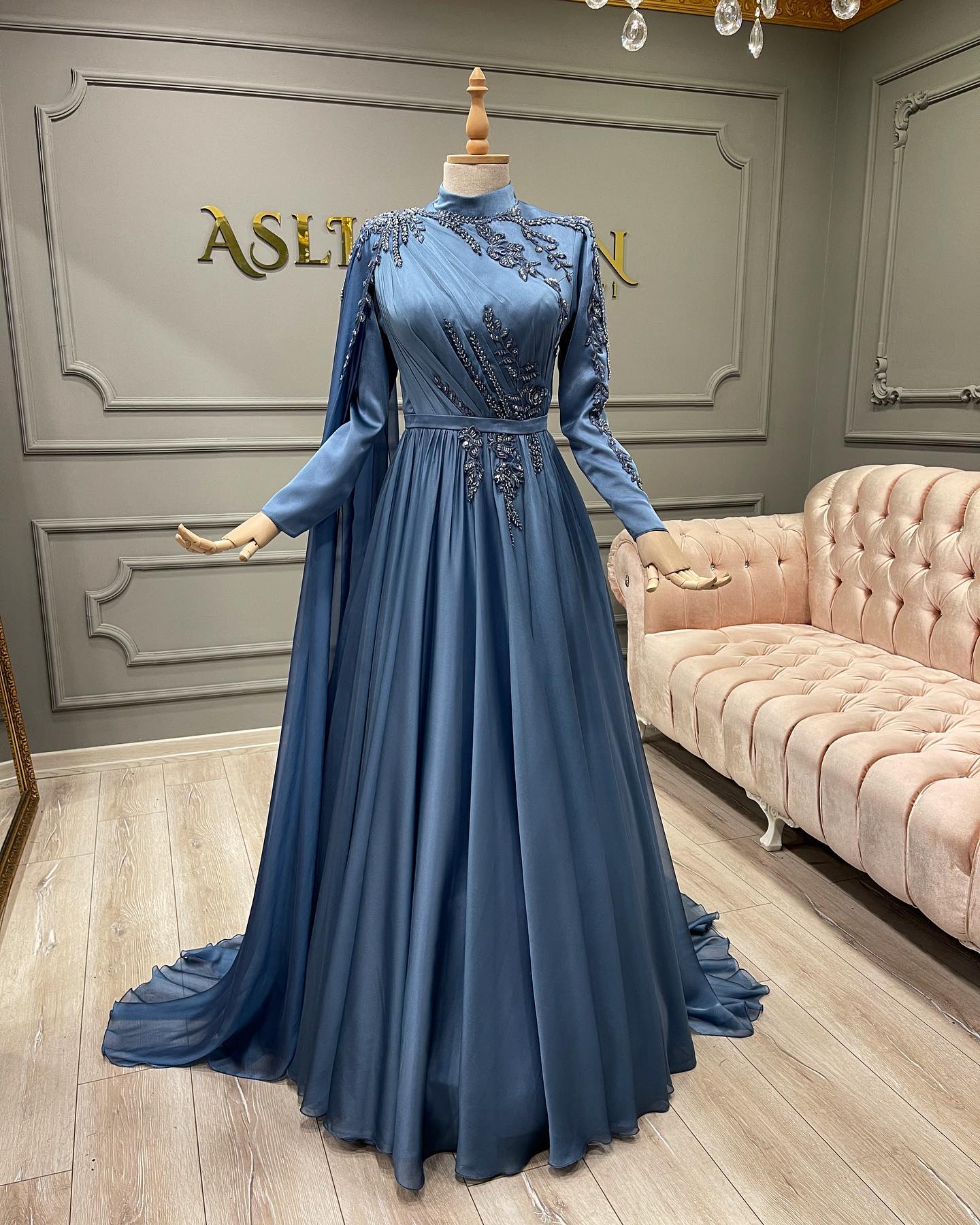 Robes De Soirée A-Line Blue Evening Dresses with Sleeves High Neck Elegant Lace Beaded Chiffon Formal Prom Party Gowns Long