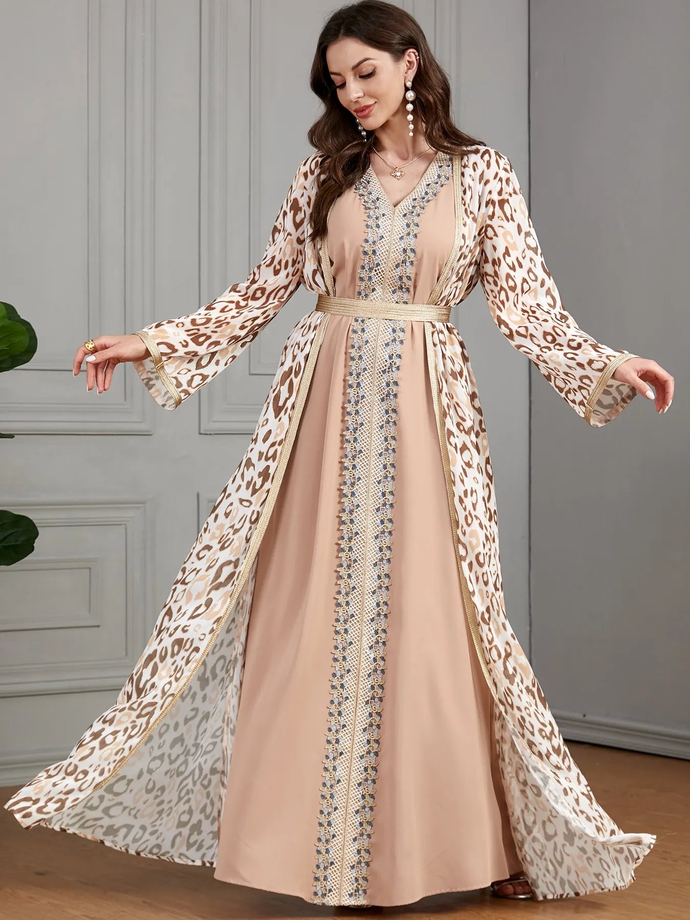 2 Pieces Abaya Set for Women Chic Lace Embroider Tape V Neck Bottom Dress & Leopard Print Belted Kimono Muslim Eid New