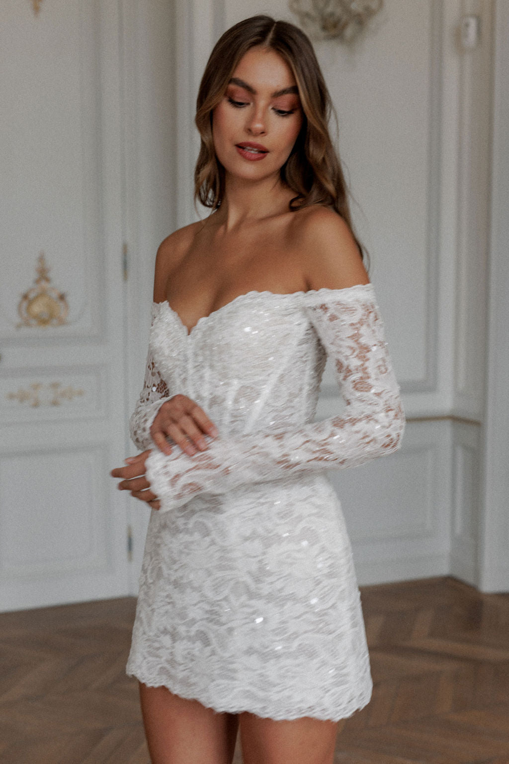 Glitter Full Lace A-Line Mini Wedding Dresses Long Sleeves Sweetheart Off The Shoulder Short Bridal Gowns vestidos de novia