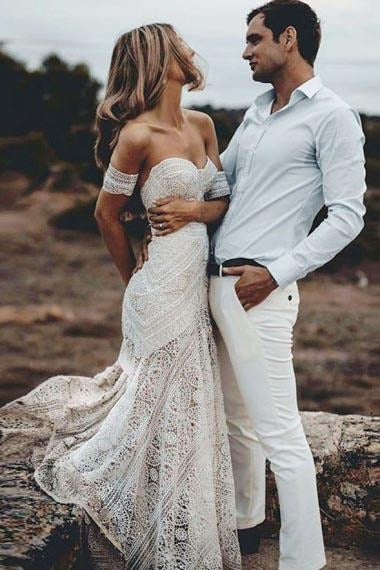 Boho Mermaid Lace Wedding Dresses Off the Shoulder Bridal Gowns Long Beach Wedding Gowns For Bride vestido de novia