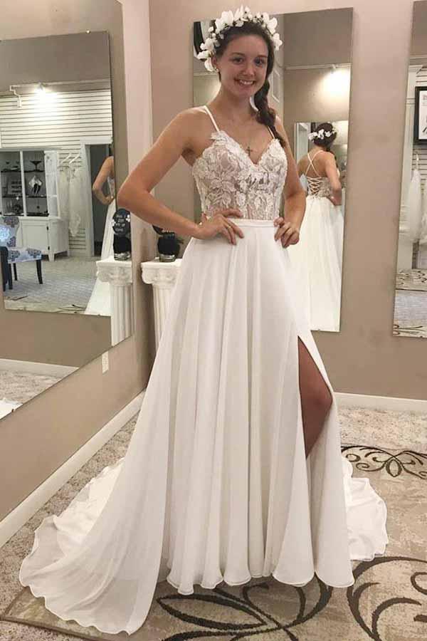 Sexy Spaghetti Strips A-Line Wedding Dresses Lace Up Back Chiffon Long Bridal Gowns Formal Custom Plus Size Vestidos