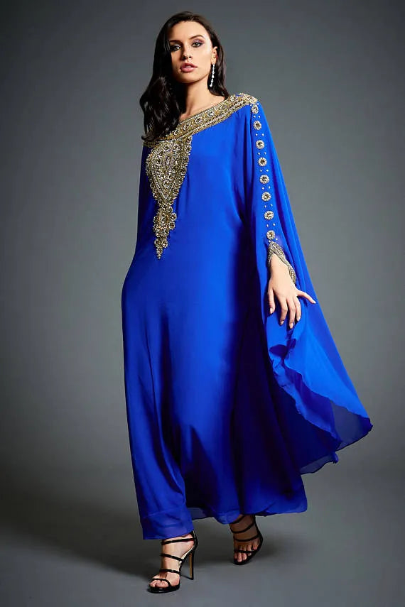 Dubai Moroccan Kaftan White Evening Dress Gold Lace Applique Beaded Blue Black Evening Gown Plus Size Formal Maxi Dress