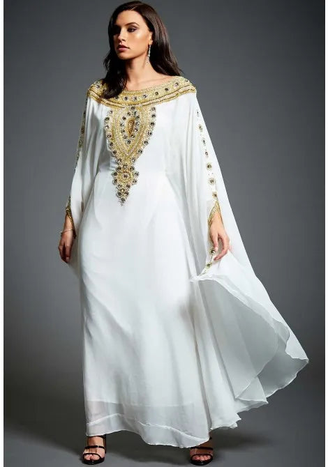 Dubai Moroccan Kaftan White Evening Dress Gold Lace Applique Beaded Blue Black Evening Gown Plus Size Formal Maxi Dress