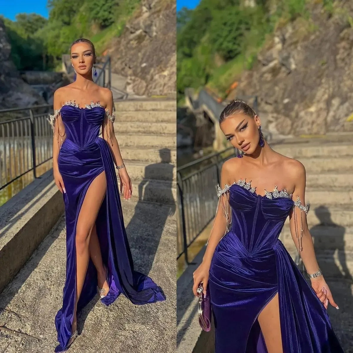 Luxurious Ball dress New sexy split evening elegant lower shoulder backless crystal beaded long party celebrity evening dress