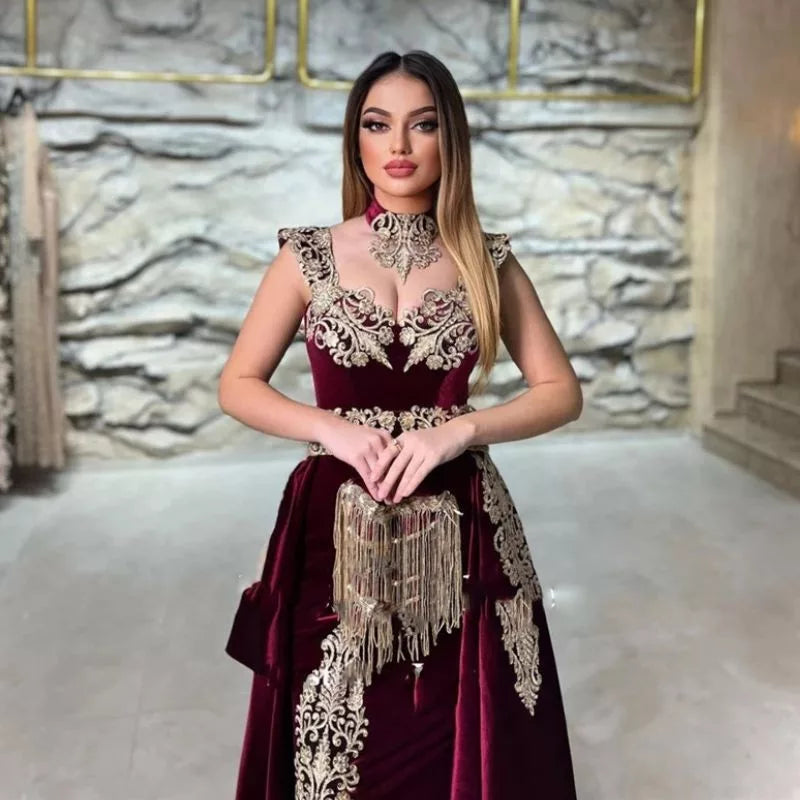 Dark Burgundy Velvet Mermaid Evening Dresses Detachable Train Sweetheart Lace Applique Dubai Kaftan Women Prom Gowns