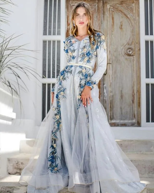 Moroccan caftan Sky Blue Evening Dresses 3D F lowers Arabic Muslim Special Occasion Dress Evening Party Gowns