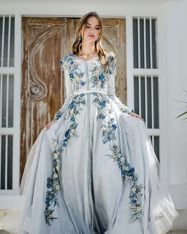 Moroccan caftan Sky Blue Evening Dresses 3D F lowers Arabic Muslim Special Occasion Dress Evening Party Gowns