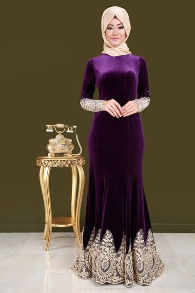 Burgundy Saudi Arabic Mermaid Evening Dresses High Neck Long Sleeves Velour Gold Lace Applique Formal Gown Plus Size