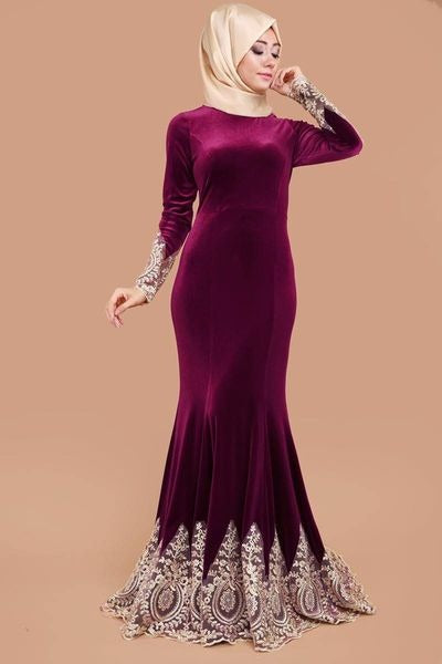 Burgundy Saudi Arabic Mermaid Evening Dresses High Neck Long Sleeves Velour Gold Lace Applique Formal Gown Plus Size