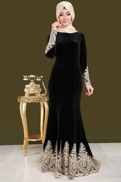 Burgundy Saudi Arabic Mermaid Evening Dresses High Neck Long Sleeves Velour Gold Lace Applique Formal Gown Plus Size