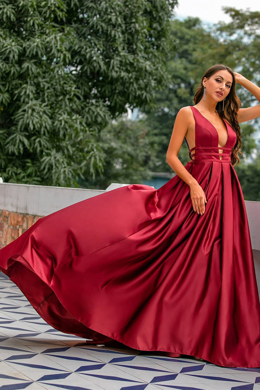 Sexy Red New Year Party Dress Winter Evening Dresses V Neck Satin Prom Dresses Long Elegant Evening Gown Robe De Soiree Picture Color