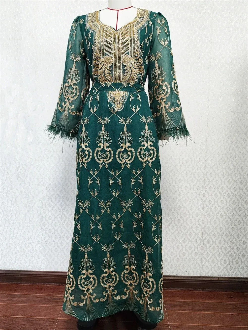 Dubai Gold Floral Embroidery Sequins Feathers Patchwork Long Sleeve V Collar Ethnic Party Gown With Sashes Eid Al-Adha