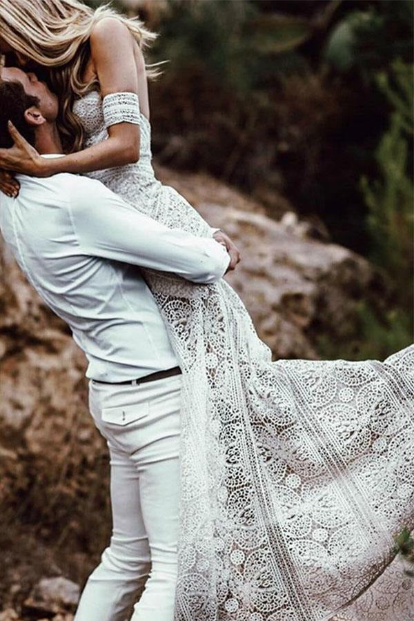 Boho Mermaid Lace Wedding Dresses Off the Shoulder Bridal Gowns Long Beach Wedding Gowns For Bride vestido de novia