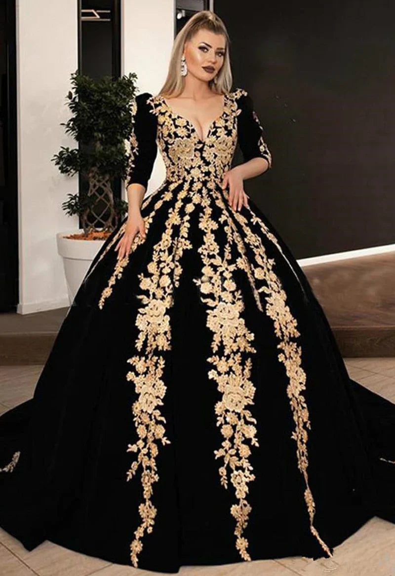 Caftan karakou algerien Formal Evening Dress Ball Gowns 3/4 Sleeve Velvet Appliques Peplum Occasion Evening Prom Gown