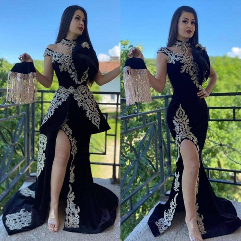 Morocco Caftan Evening Dress 3 pieces Mermaid Prom Dress Sleeveless Velvet Formal Evening Party Dress Side Split Outfit