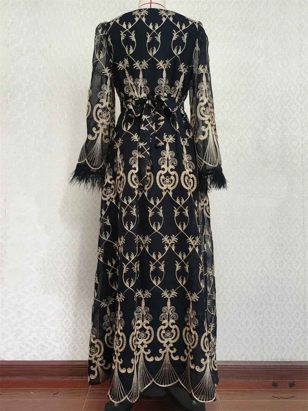 Dubai Gold Floral Embroidery Sequins Feathers Patchwork Long Sleeve V Collar Ethnic Party Gown With Sashes Eid Al-Adha