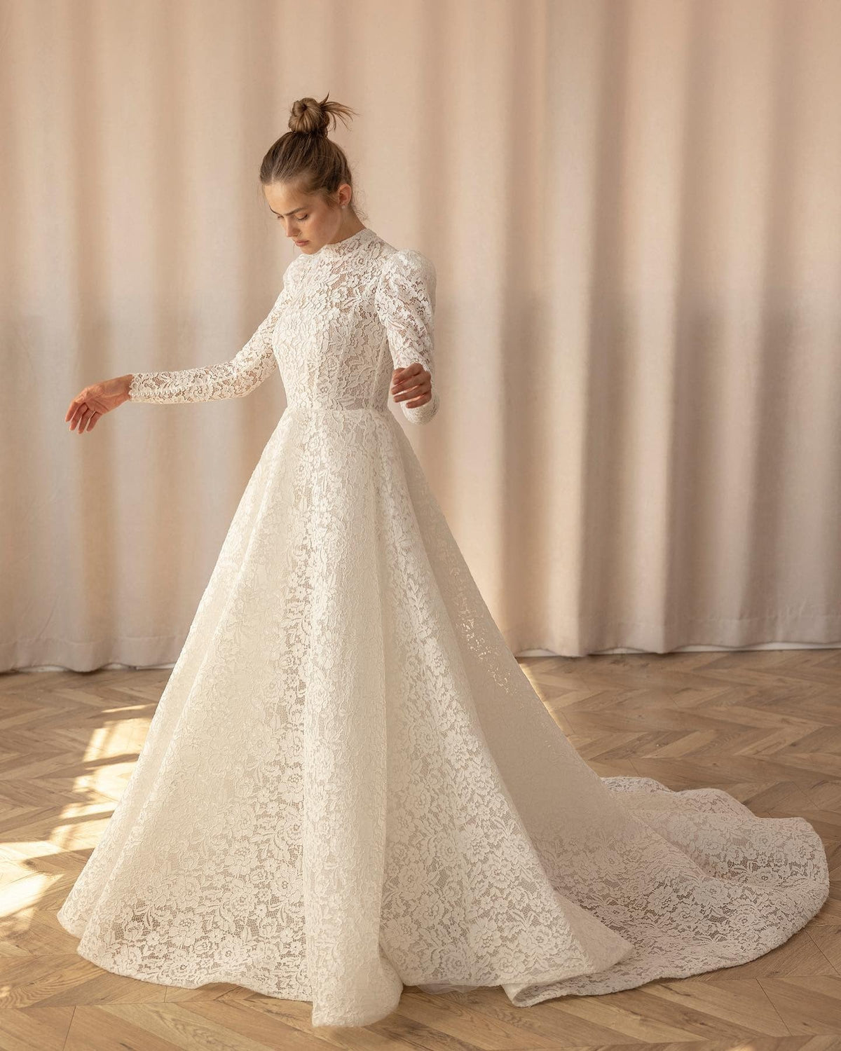 Sevintage Modest Wedding Dresses Lace Appliques Long Sleeves High-Neck Princess A-Line Wedding Gown vestido de noiva