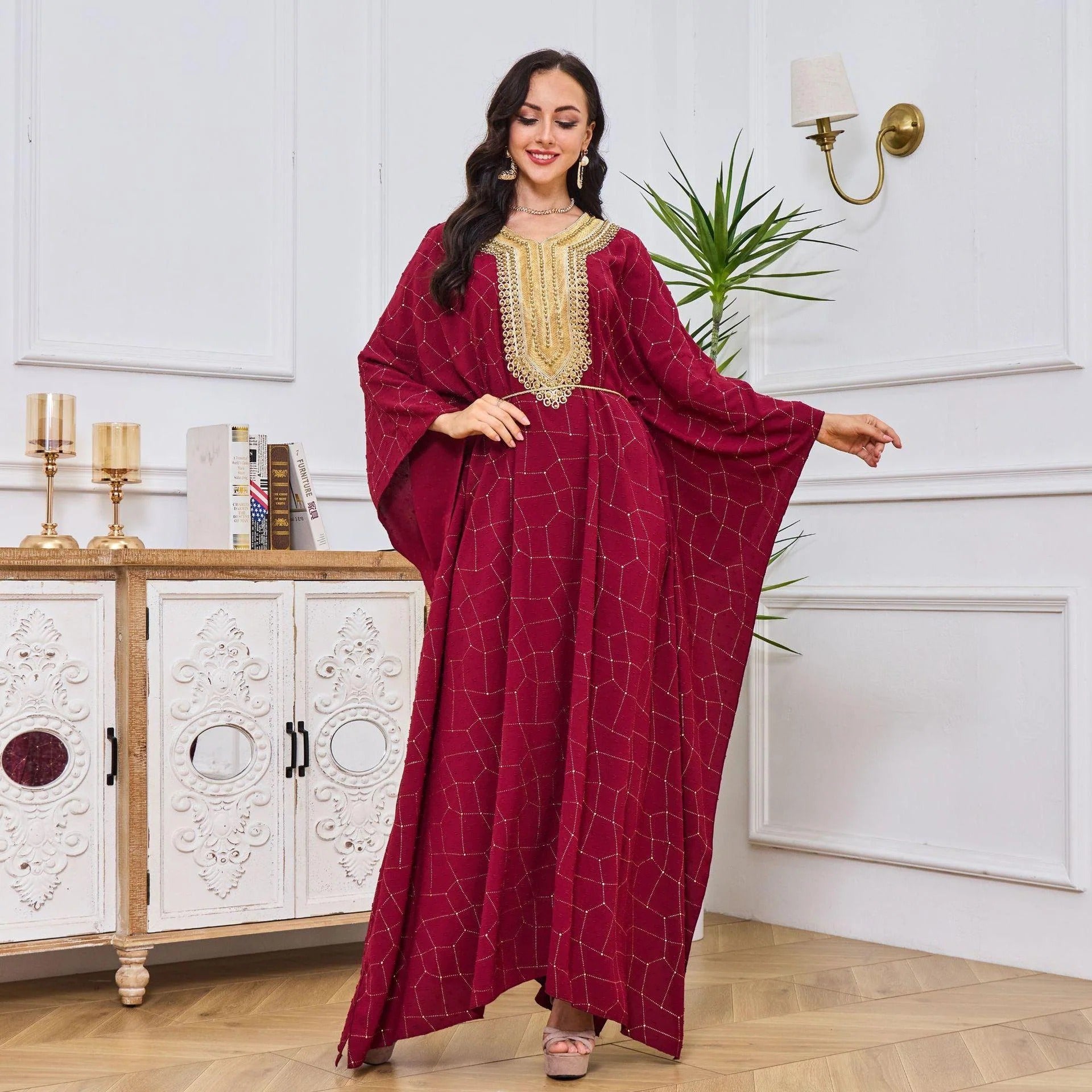 Fashion Long Dress Dubai Abayas For Female Beading Batwing Sleeve V-Neck Belted Clothing Elegant Muslim Costumes Woman