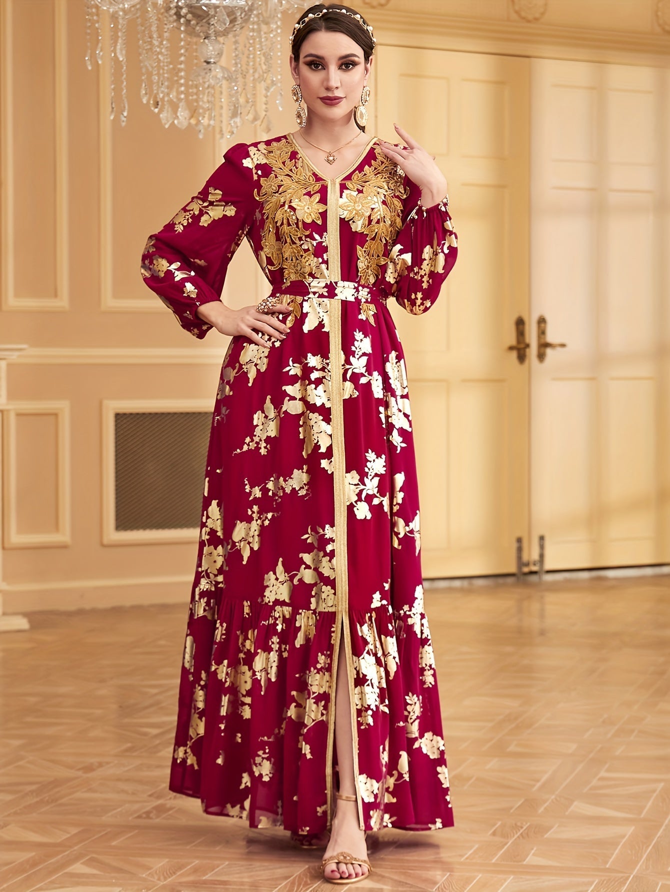 Red Evening Party Dubai Elegant Gown For Women Appliques Sequin Belted Dress V-Neck Gold Stamping Abaya Moroccan Kaftan