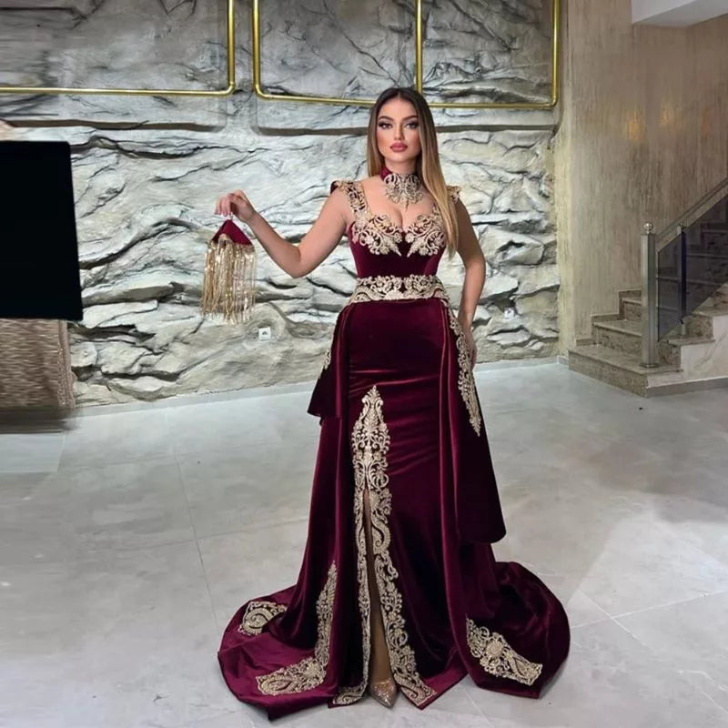 Dark Burgundy Velvet Mermaid Evening Dresses Detachable Train Sweetheart Lace Applique Dubai Kaftan Women Prom Gowns