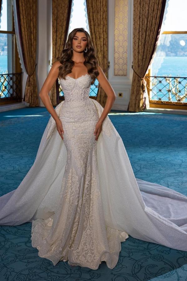 Luxury Strapless Wedding Dresses Sparkly Mermaid Dress For Bride Appliques Lace Floor-length Bridal Gown Vestido De Novia