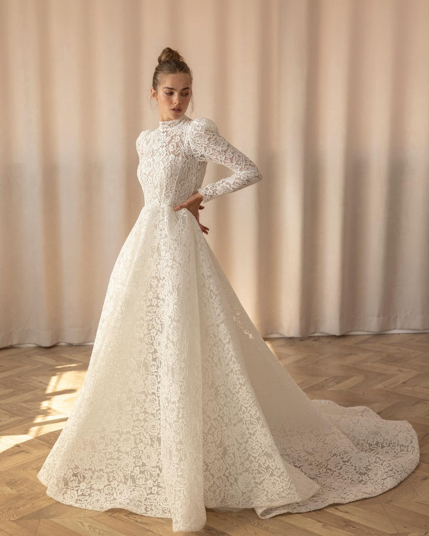 Sevintage Modest Wedding Dresses Lace Appliques Long Sleeves High-Neck Princess A-Line Wedding Gown vestido de noiva