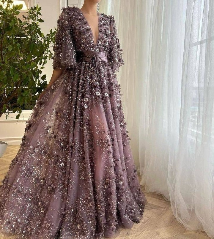 Prom Dress Intricate Sparkle V-neck Ball Gown Quinceanera Beading Paillette / Sequins Flower Floor Length Organza Evening