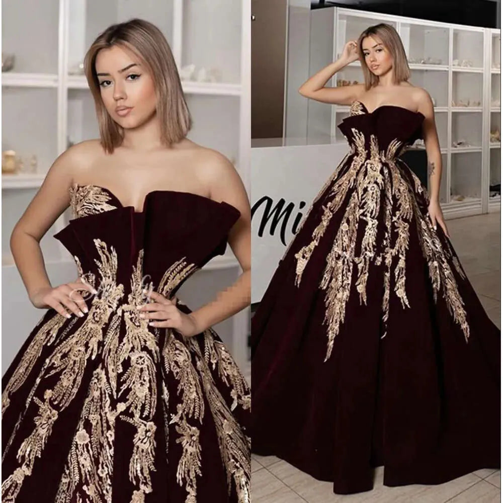 Caftan Evening Dress Burgundy Velvet A Line Prom Dresses Arabic Gold Lace Applique Ruched Dubai Formal Party Gowns