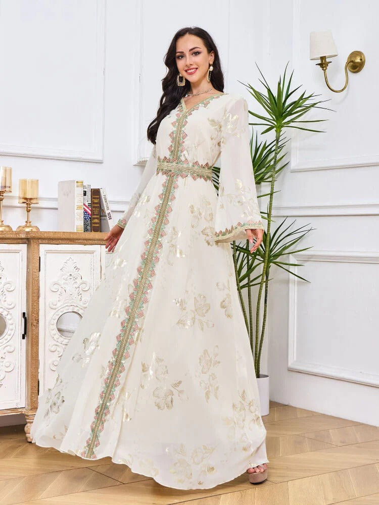 Fashion White Printing Turkish Long Dress Female Tape Trim Full Sleeve V-Neck Belted Clothing Abayas For Muslim Women