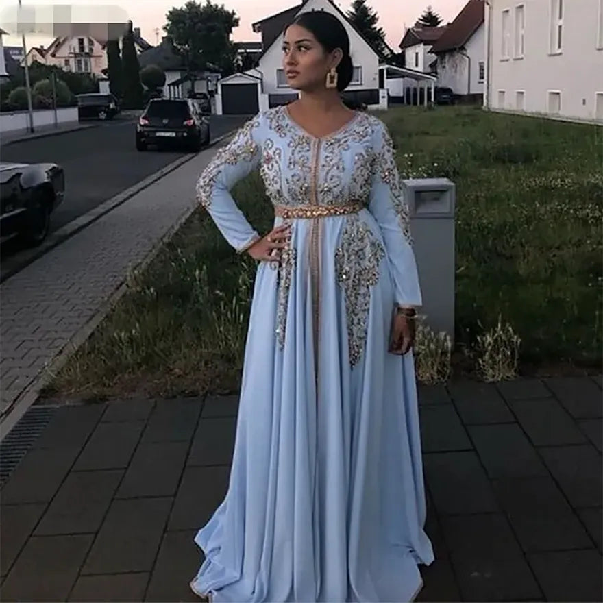 Elegant Sky Blue Moroccan Caftan Evening Dresses V-Neck Algeria Arabic Muslim Special Occasion Dresses A-LINE Prom Gowns