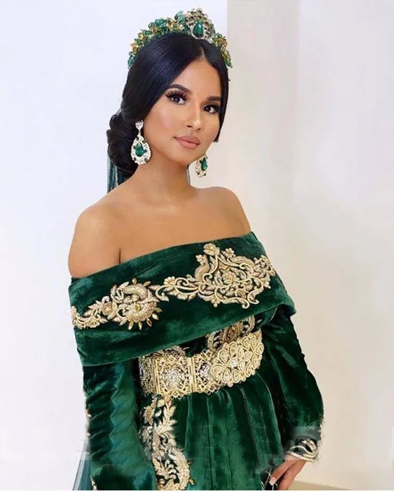 Caftan Evening Dresses Hunter Green Mermaid Prom Dress Off The Shoulder Velvet Long Sleeve Evening Formal Party Dress