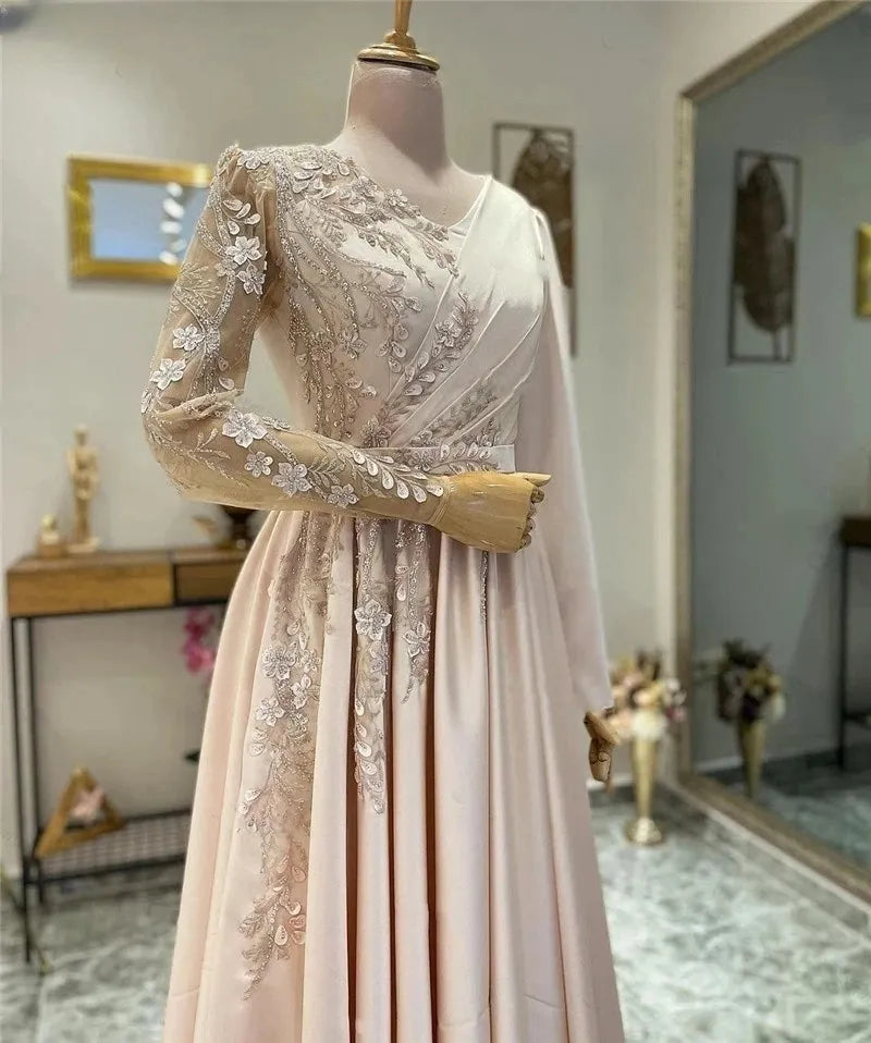 A-Line Pink Muslim Evening Dresses Long Luxury Beading Flowers Lace Women Formal Dress With Sleeves Satin Vestidos De Gala