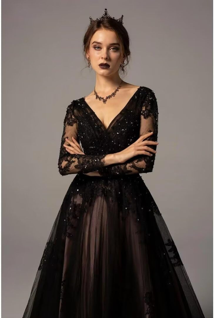 Sparkly Sequin V-Neck Gothic Black Wedding Dresses Full Sleeves 3D Lace Appliques Lace-Up Back Ball Gown Women Party Robe